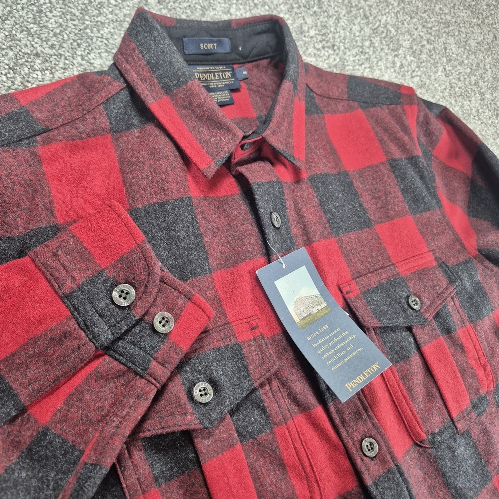 NWT Pendleton Buffalo Check Scout Shirt Men's Large Virgin Wool Red Black